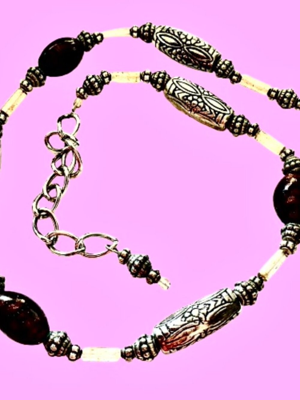 Original Designs Beaded Necklace Handcrafted Etched Beads Brown & Silver-tone